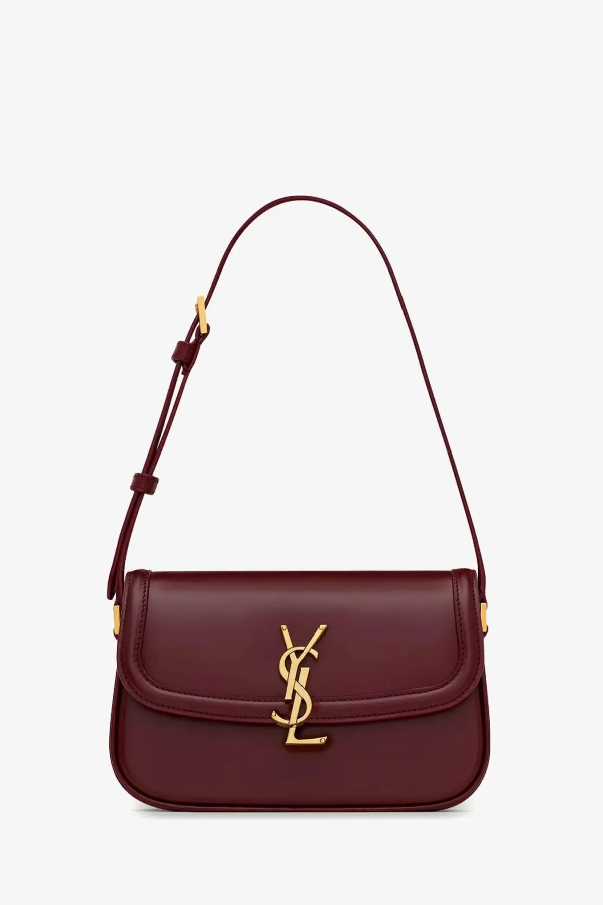 Saint Laurent women’s burgundy leather crossbody bag with gold-tone YSL logo clasp and matching strap