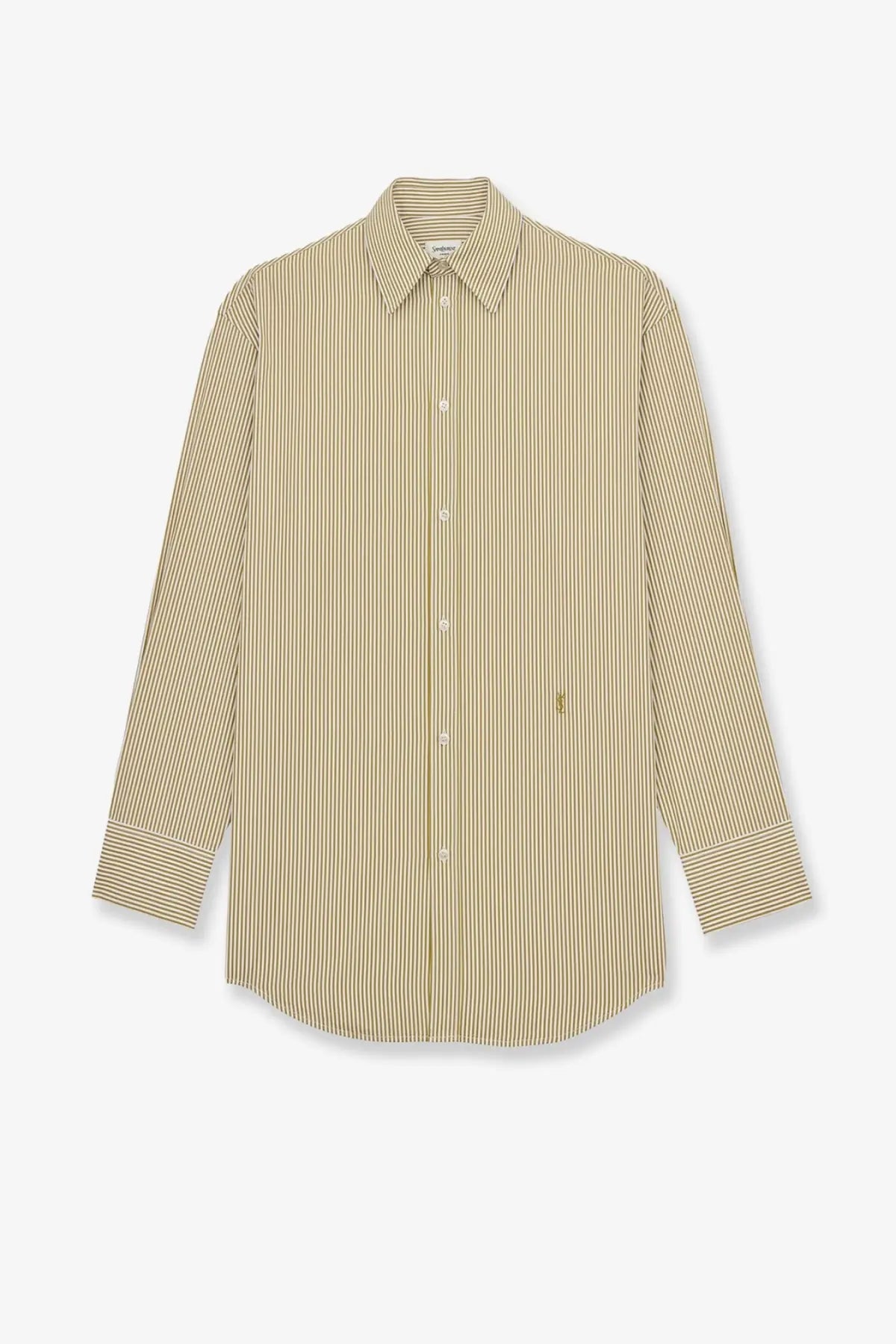 Saint Laurent women’s long-sleeved striped cotton shirt in beige and white with classic collar and button-down front