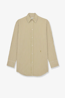 Saint Laurent women’s long-sleeved striped cotton shirt in beige and white with classic collar and button-down front