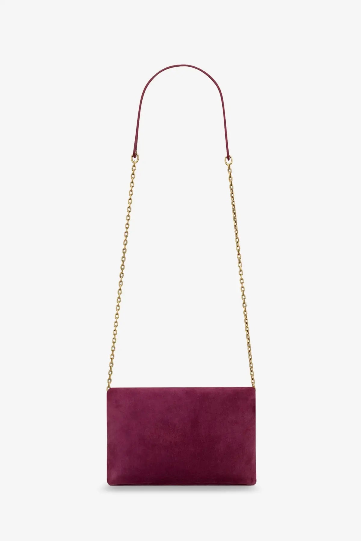 Saint Laurent women’s suede crossbody clutch in burgundy with gold-tone chain strap for elegant wear