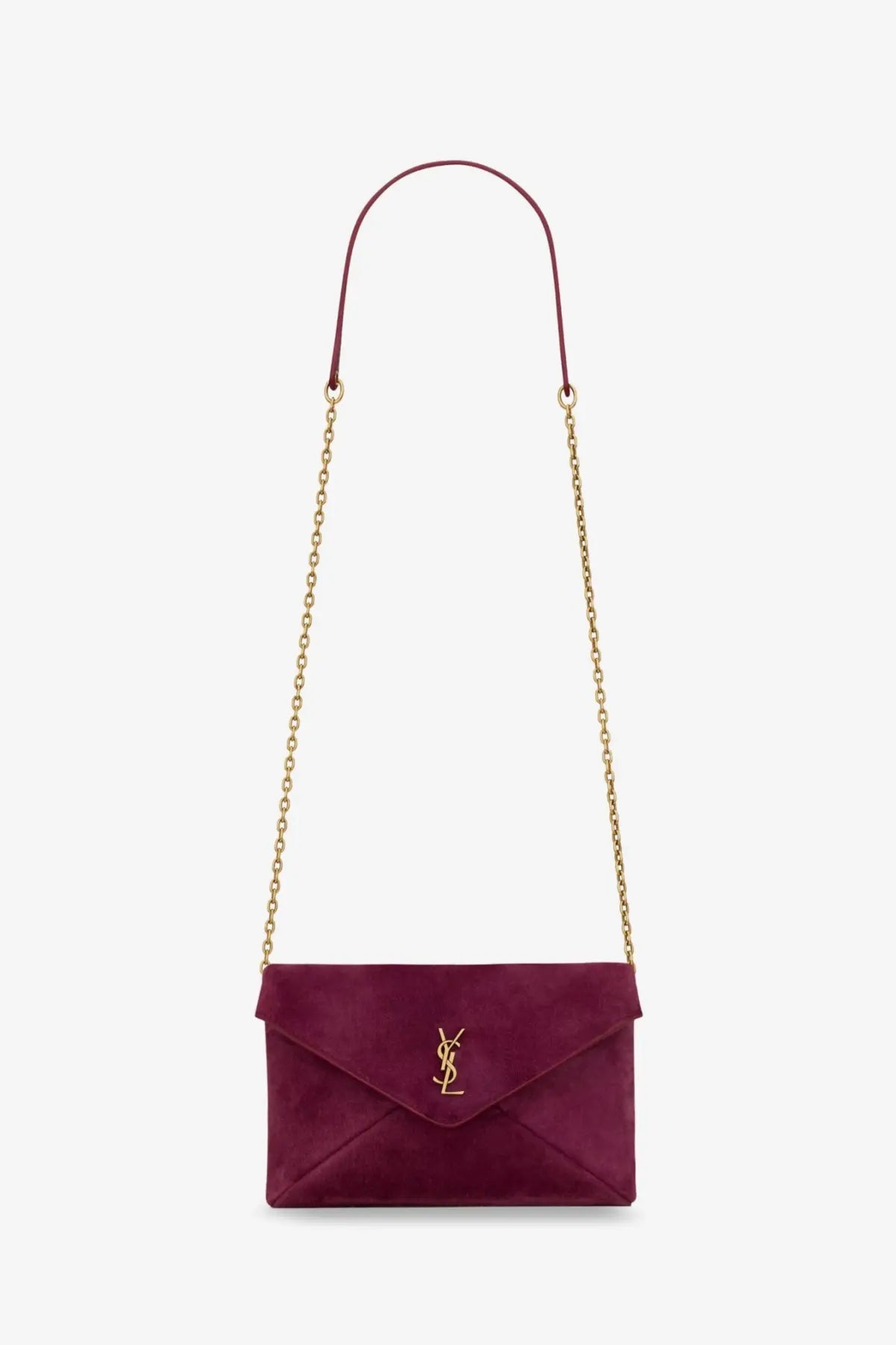 Saint Laurent women’s suede crossbody burgundy velvet envelope clutch with gold-tone YSL logo and matching chain strap