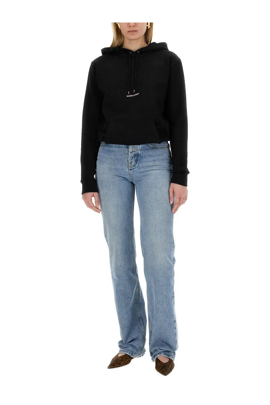 Saint Laurent women’s black hooded sweatshirt with small white logo on the chest made from comfortable fabric