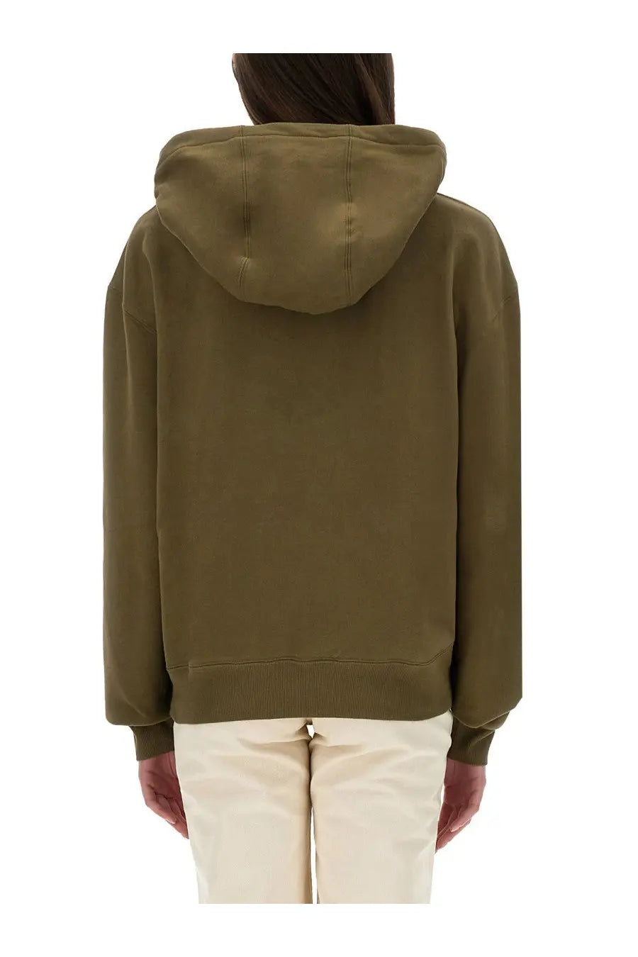 Saint Laurent women’s olive green hooded sweatshirt with relaxed fit and ribbed cuffs in soft fabric