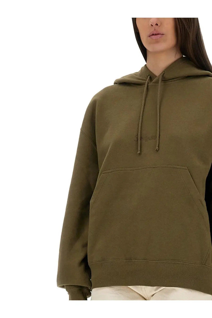 Saint Laurent women’s olive green oversized hoodie with drawstring hood and front pocket for casual wear