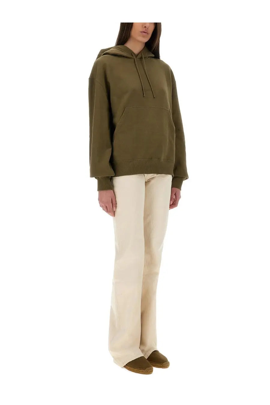 Olive green oversized saint laurent women sweatshirt with drawstring hood and front pocket made from soft fabric