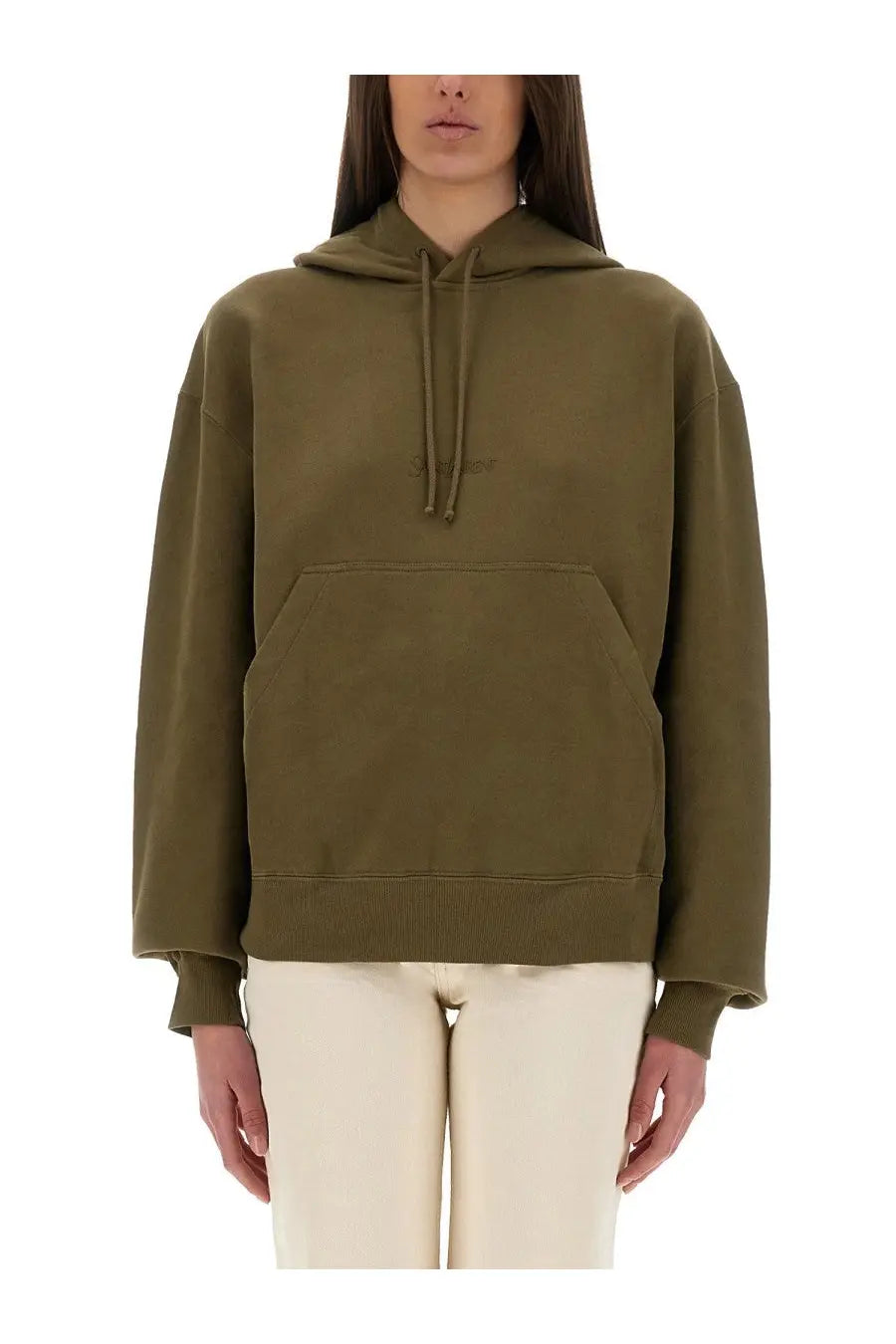 Saint Laurent women’s olive green oversized hoodie with front pocket and drawstring hood in soft fabric