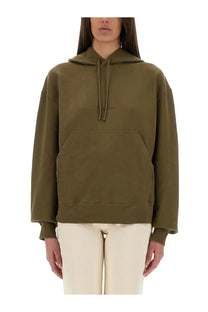 Saint Laurent women’s olive green oversized hoodie with front pocket and drawstring hood in soft fabric