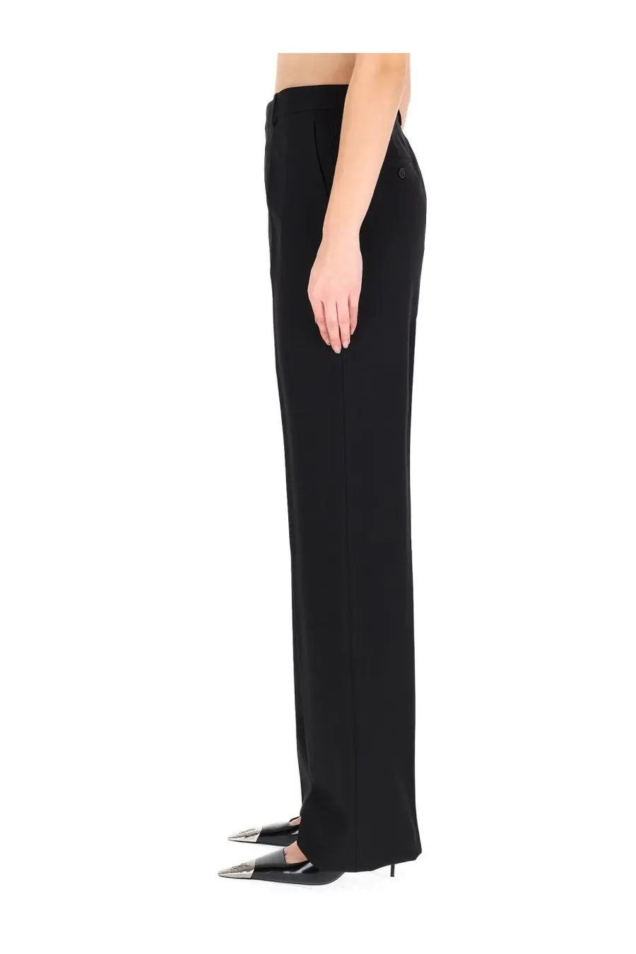 Saint Laurent women’s black high-waisted tailored pants with straight leg and subtle side button detailing