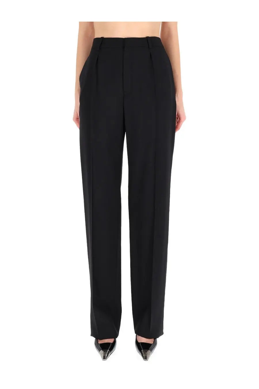 Saint Laurent women’s tailored black high-waisted trousers with straight-leg cut and subtle front pleats