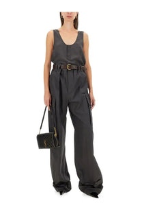Black quilted leather ysl mini crossbody bag with gold-tone hardware paired with saint laurent grey henley tank top
