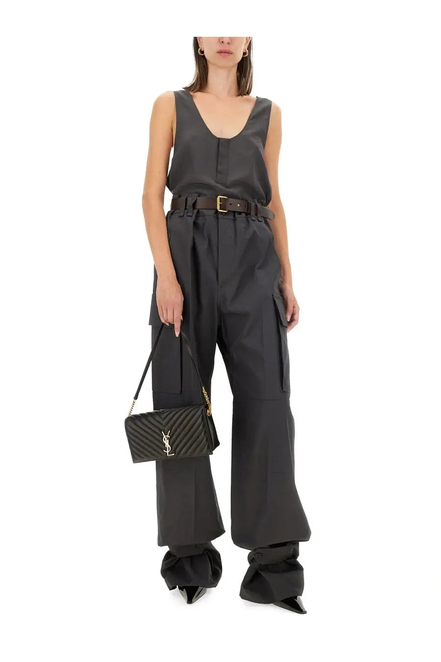Black quilted leather ysl handbag with gold-tone hardware complementing saint laurent women’s grey henley tank top
