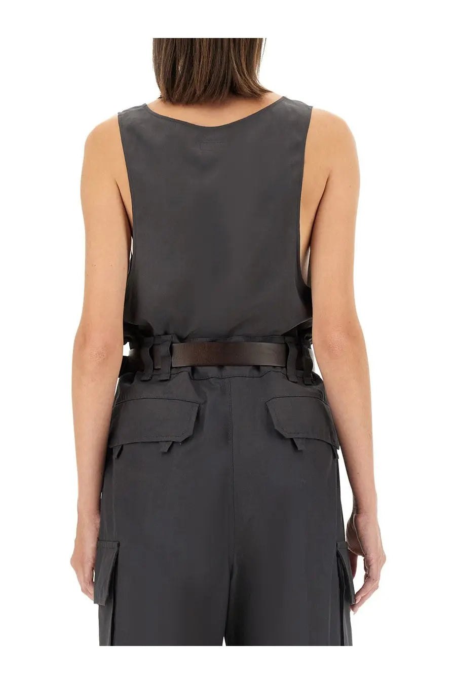 Saint Laurent women’s grey tank top henley with sleeveless design and structured silhouette shown from the back