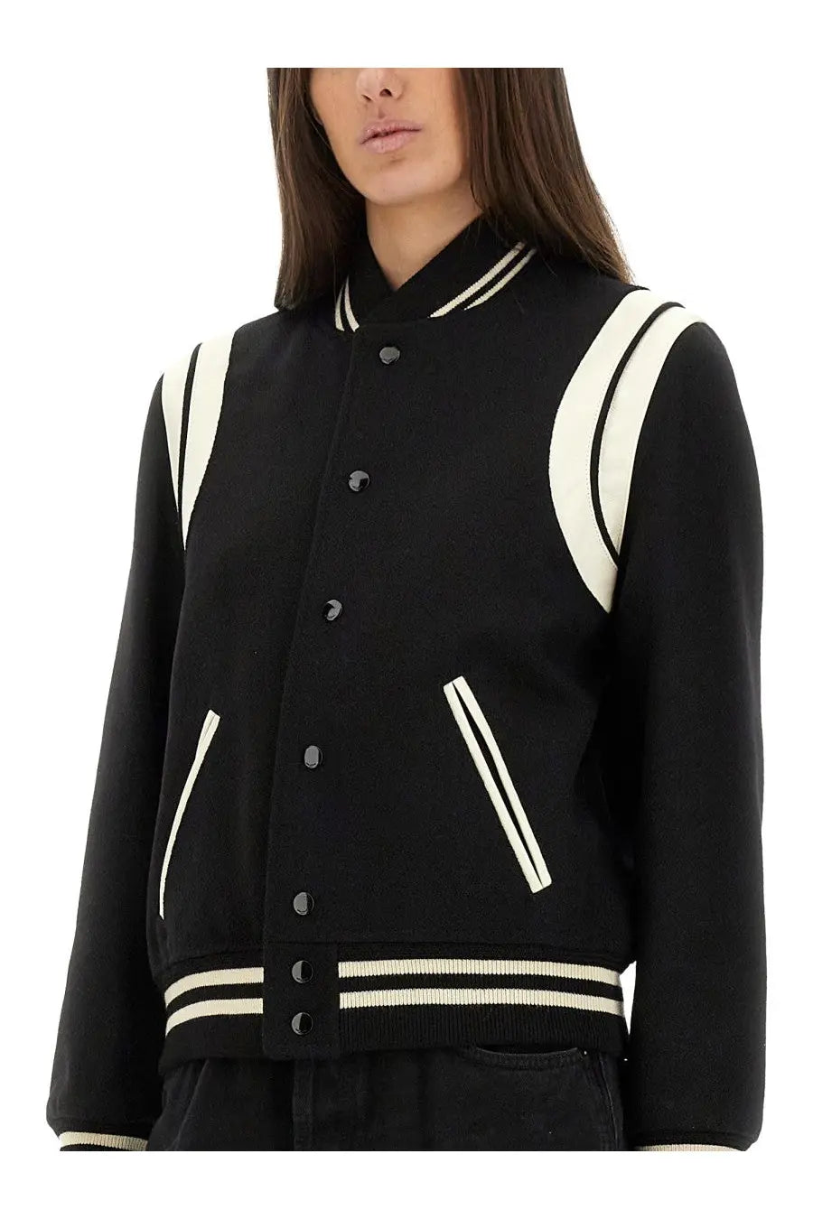 Black Saint Laurent women’s wool teddy varsity jacket with cream-colored stripes on shoulders sleeves and hem