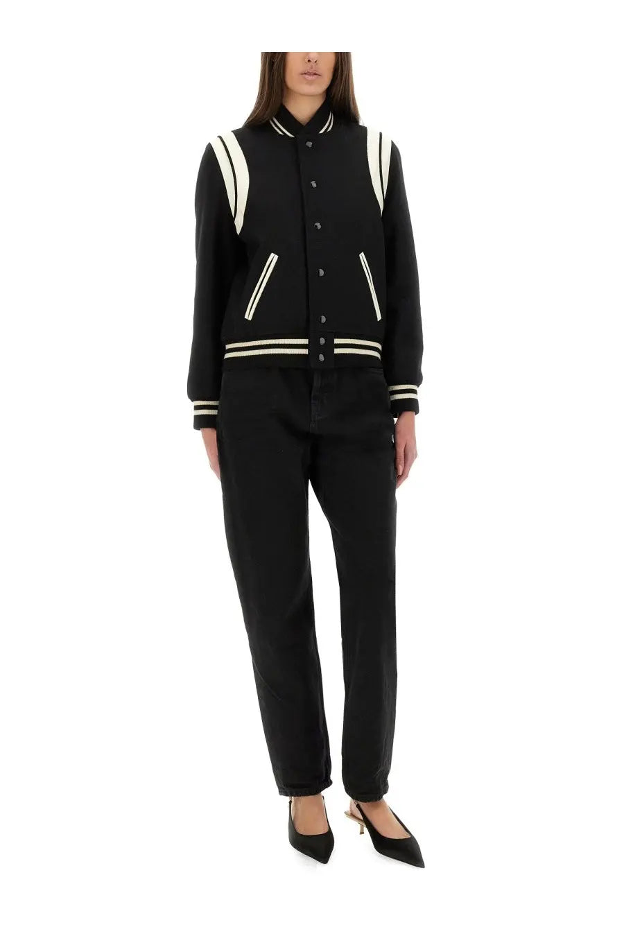 Saint Laurent women’s teddy black wool varsity jacket with cream stripes on shoulders sleeves and waistband