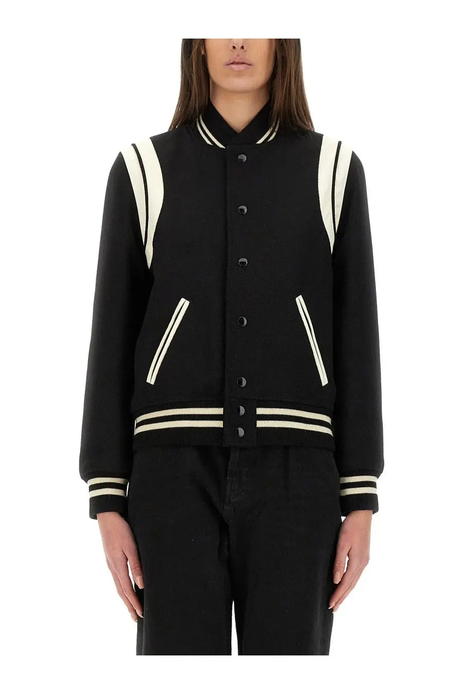 Saint Laurent women’s teddy jacket in black wool with cream stripes on shoulders sleeves and cuffs