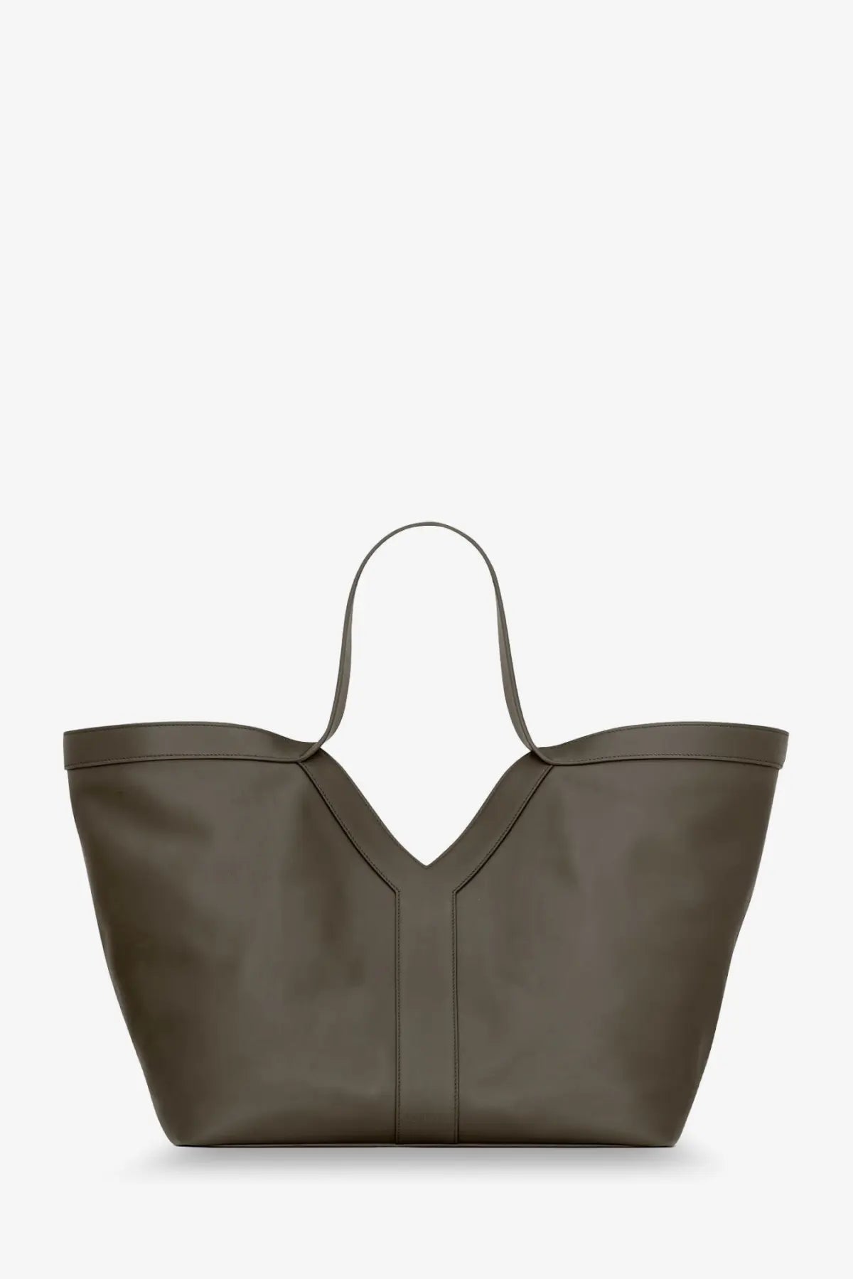 Saint Laurent women’s olive green leather tote bag with distinctive v-shaped front seam and slender handles