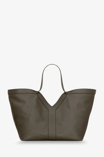 Saint Laurent women’s olive green leather tote bag with distinctive v-shaped front seam and slender handles