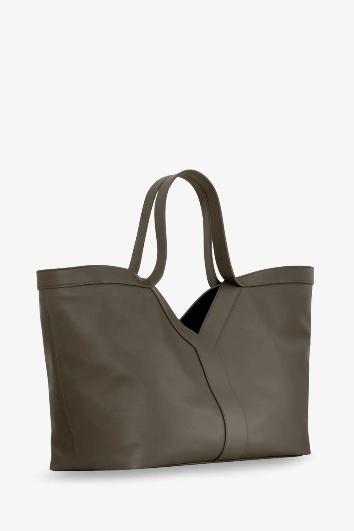 Saint Laurent women’s olive green leather tote bag with structured handles and minimalist design for shoulder wear