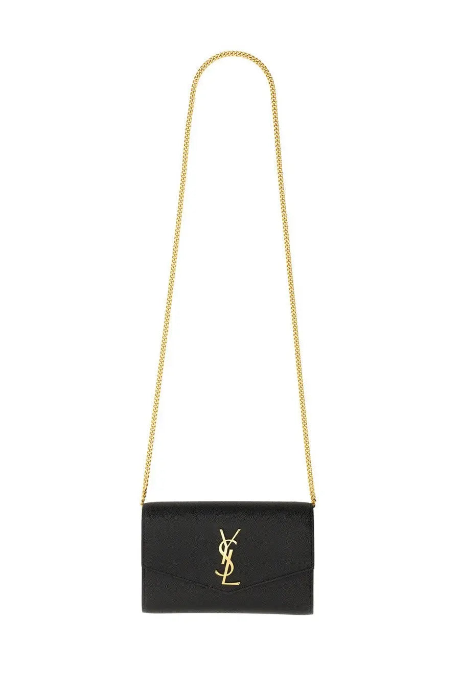 Saint Laurent women’s Uptown black leather clutch with gold-tone chain strap and logo clasp