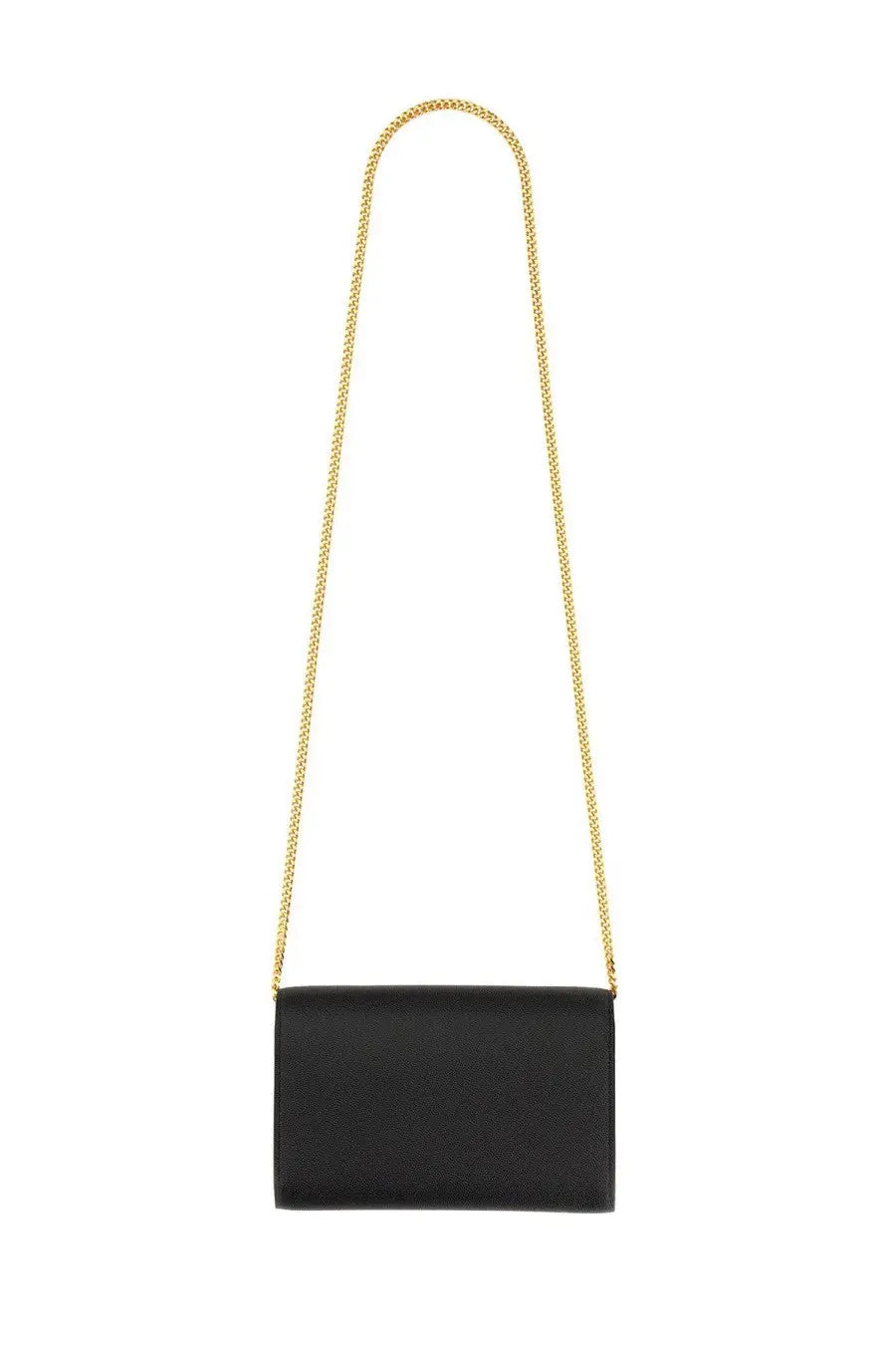 Saint Laurent women’s Uptown wallet is a black textured leather crossbody bag with a gold-tone chain strap