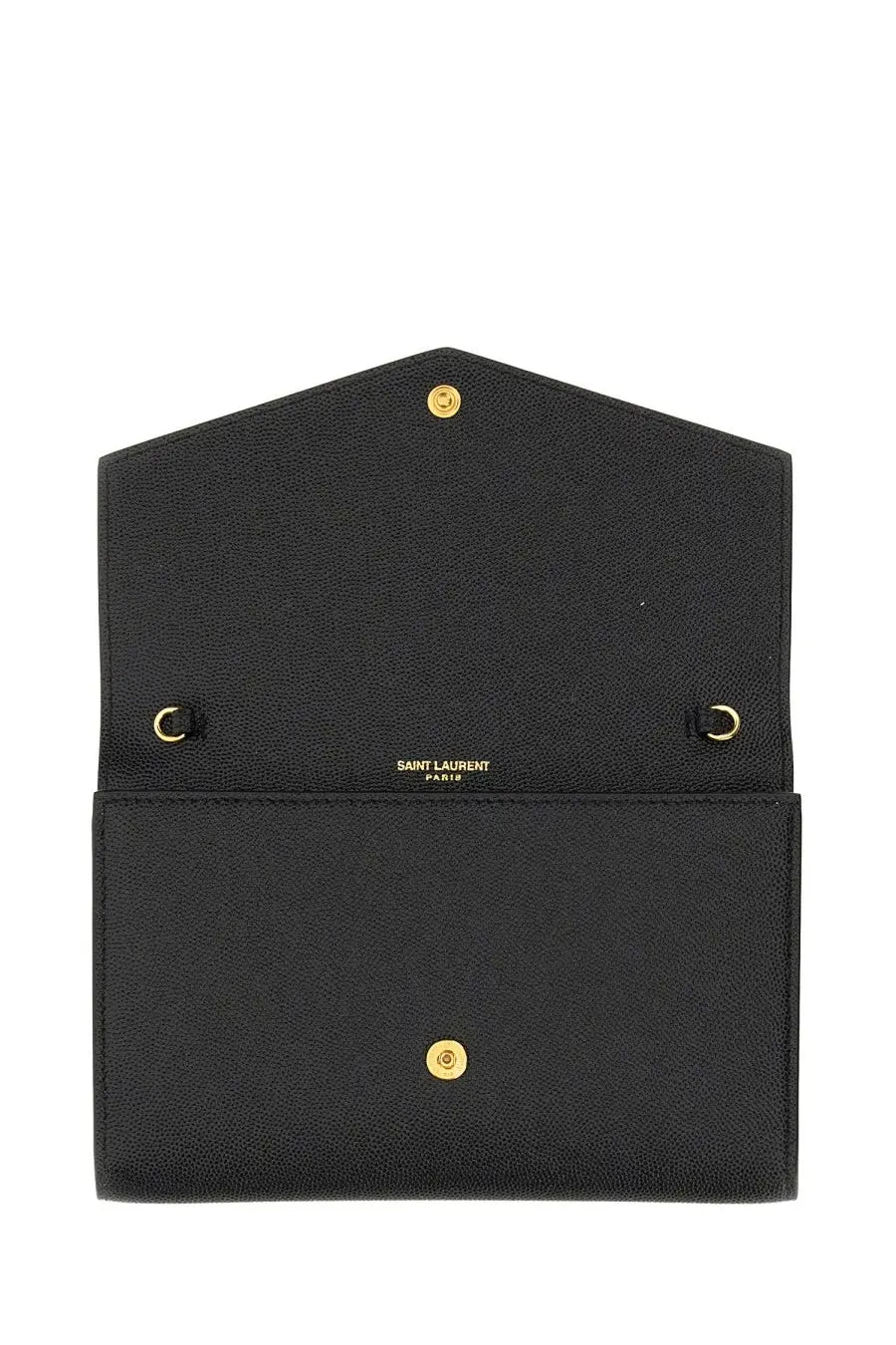 Saint Laurent women’s uptown wallet black textured leather envelope clutch with gold-tone hardware and embossed logo
