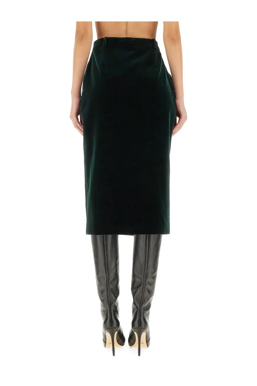 Saint Laurent women’s deep emerald green velvet midi skirt with sleek straight cut and high waistband