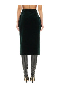 Saint Laurent women’s deep emerald green velvet midi skirt with sleek straight cut and high waistband
