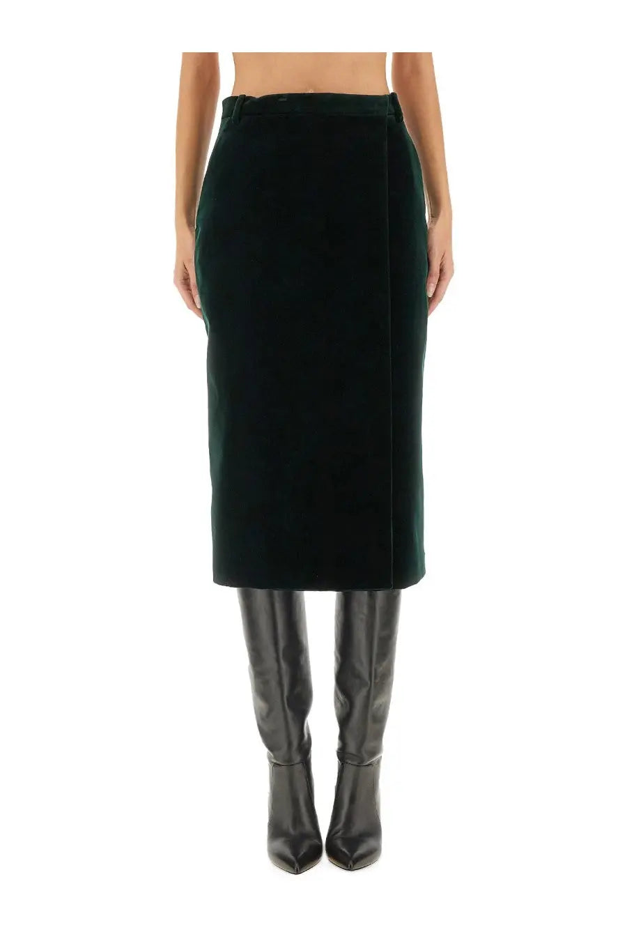 Saint Laurent women’s velvet crossover midi skirt in dark green with smooth texture and subtle side seam detail