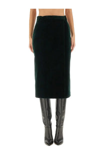 Saint Laurent women’s velvet crossover midi skirt in dark green with smooth texture and subtle side seam detail