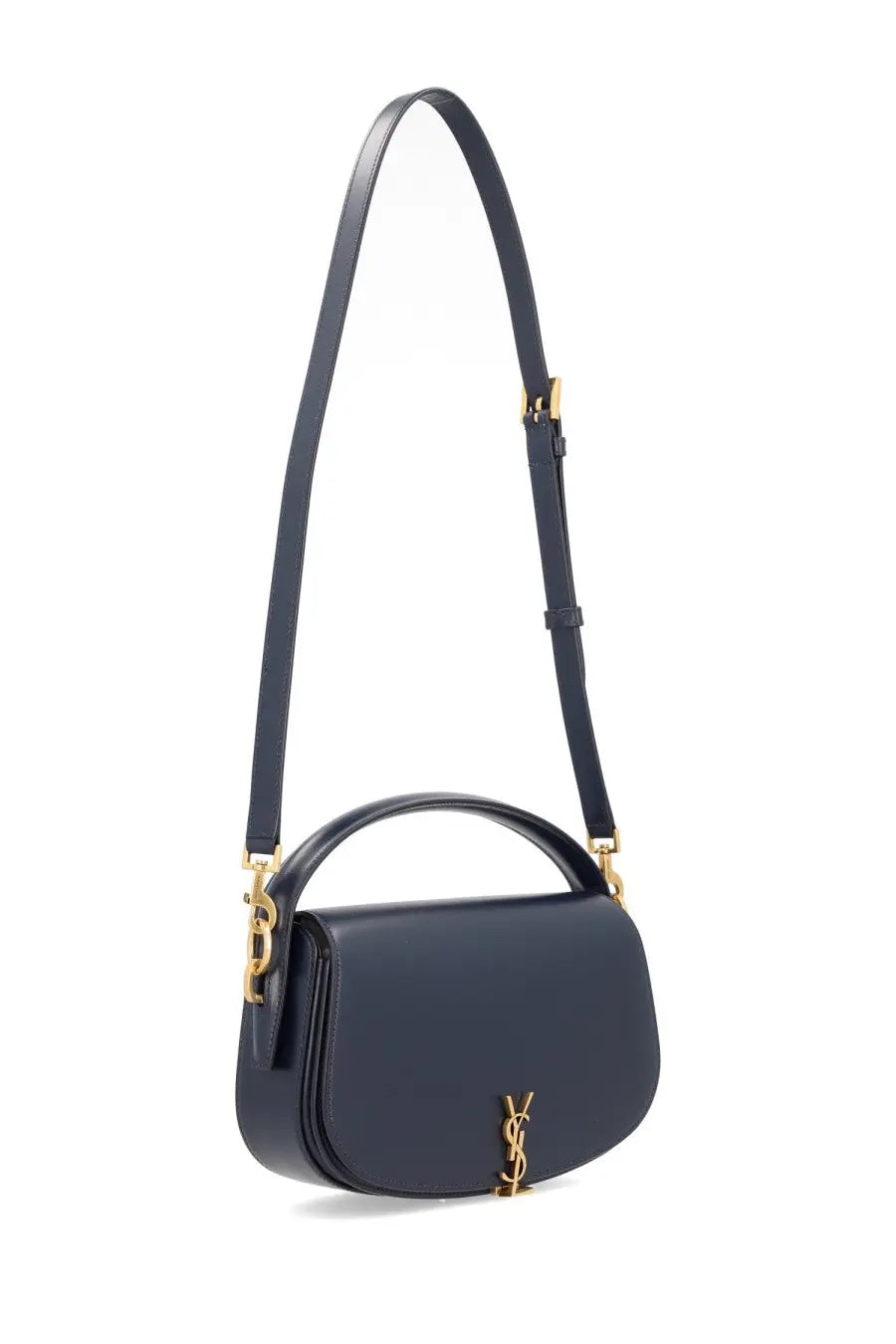 Saint Laurent women’s Voltaire navy blue leather crossbody bag with gold-tone hardware and top handle