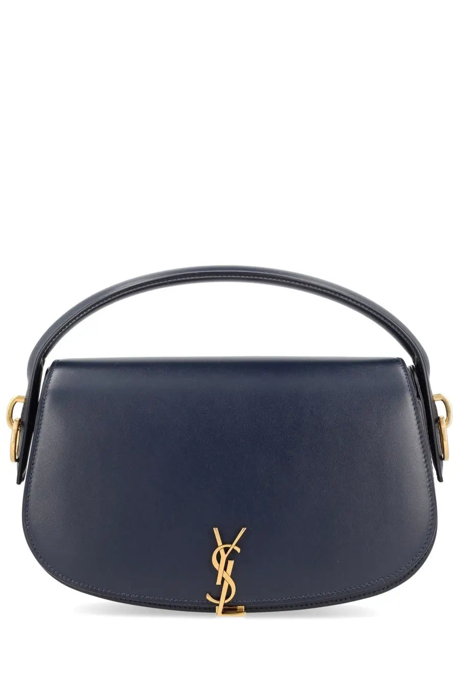 Navy blue Saint Laurent women’s Voltaire leather handbag with gold-tone YSL logo and top handle