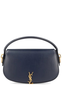 Navy blue Saint Laurent women’s Voltaire leather handbag with gold-tone YSL logo and top handle