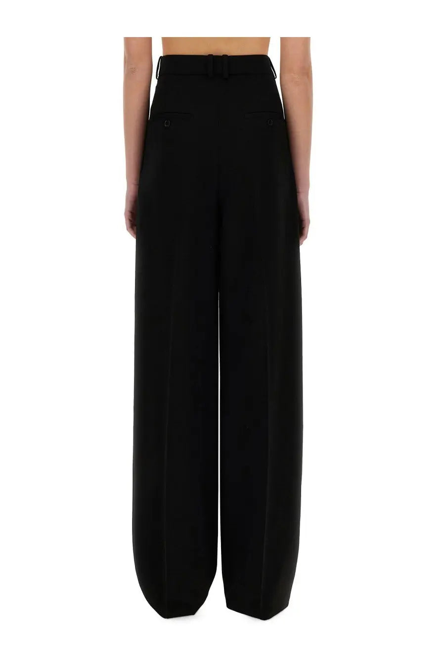 Saint Laurent women’s wide leg pants in grain de poudre black with a sleek tailored fit and subtle front pockets