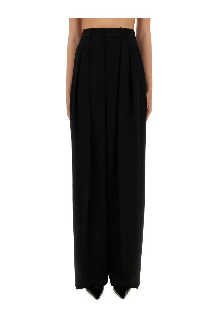 Saint Laurent women’s wide leg black high-waisted trousers in grain de poudre with tailored pleated design