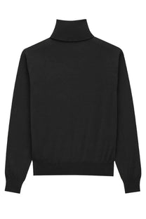 Saint Laurent women’s black wool and silk turtleneck pullover sweater with smooth fitted silhouette and ribbed cuffs
