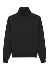 Saint Laurent women’s black wool and silk turtleneck pullover with smooth knit texture and ribbed cuffs