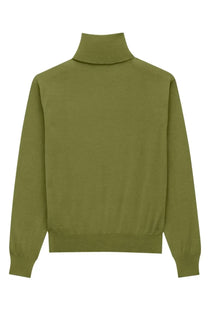 Saint Laurent women’s olive green turtleneck sweater in wool and silk blend for stylish warmth and comfort