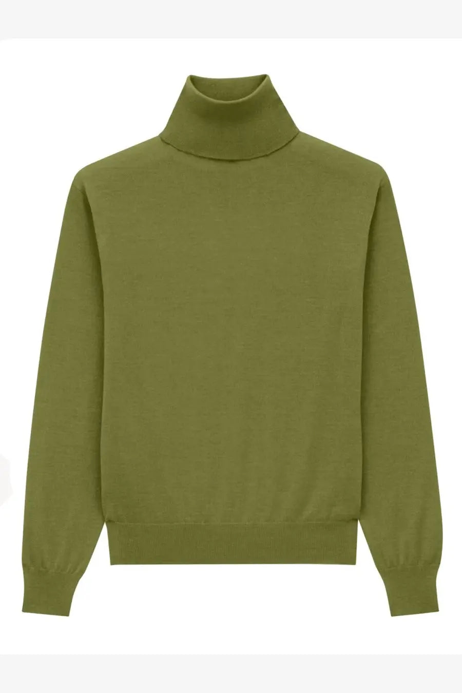 Saint Laurent women’s olive green wool and silk turtleneck pullover with smooth knit texture and ribbed cuffs