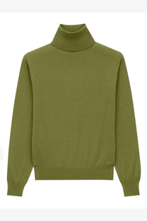 Saint Laurent women’s olive green wool and silk turtleneck pullover with smooth knit texture and ribbed cuffs