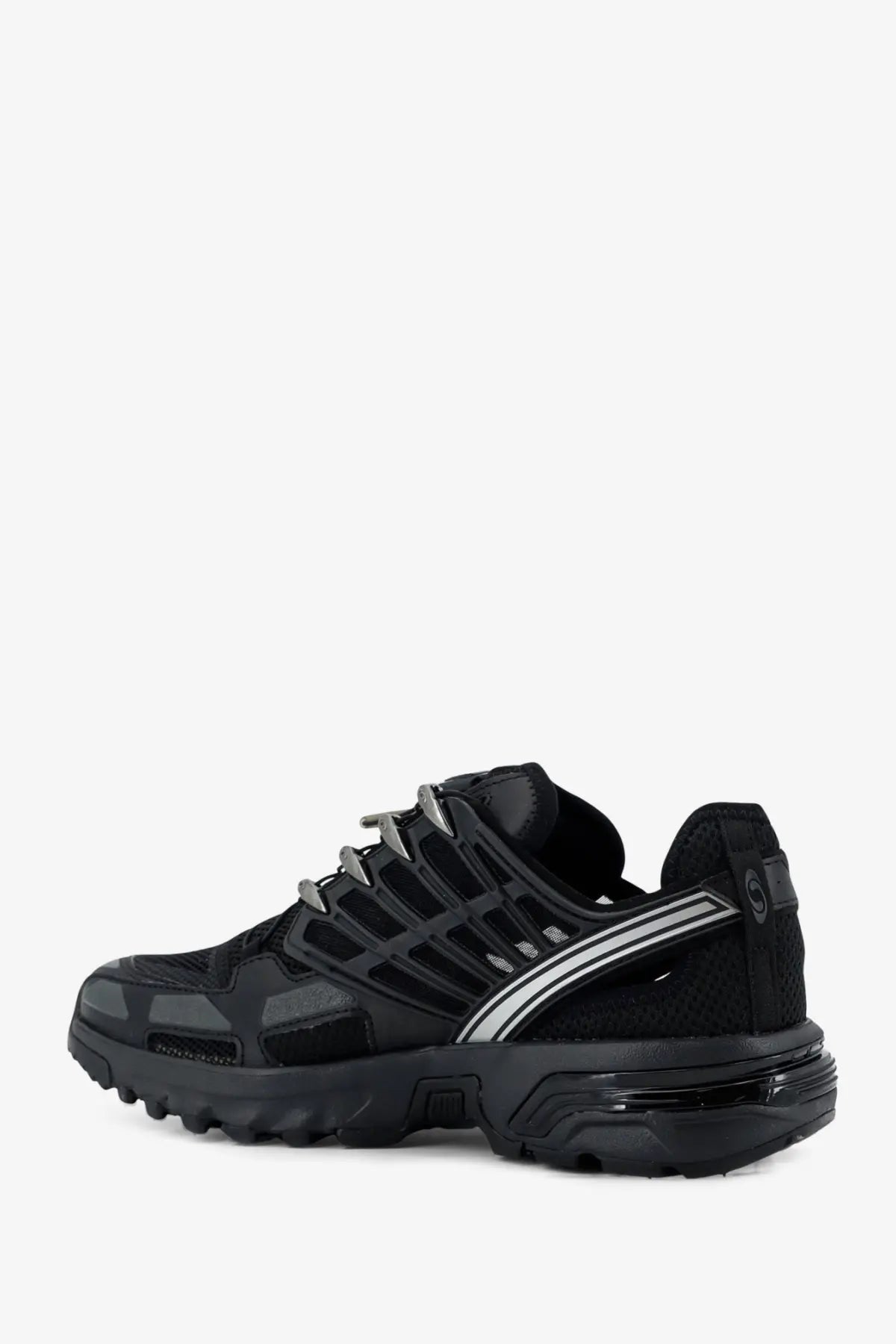 Salomon men’s acs pro shell mesh sneakers black with silver accent stripes and rugged chunky sole in athletic design