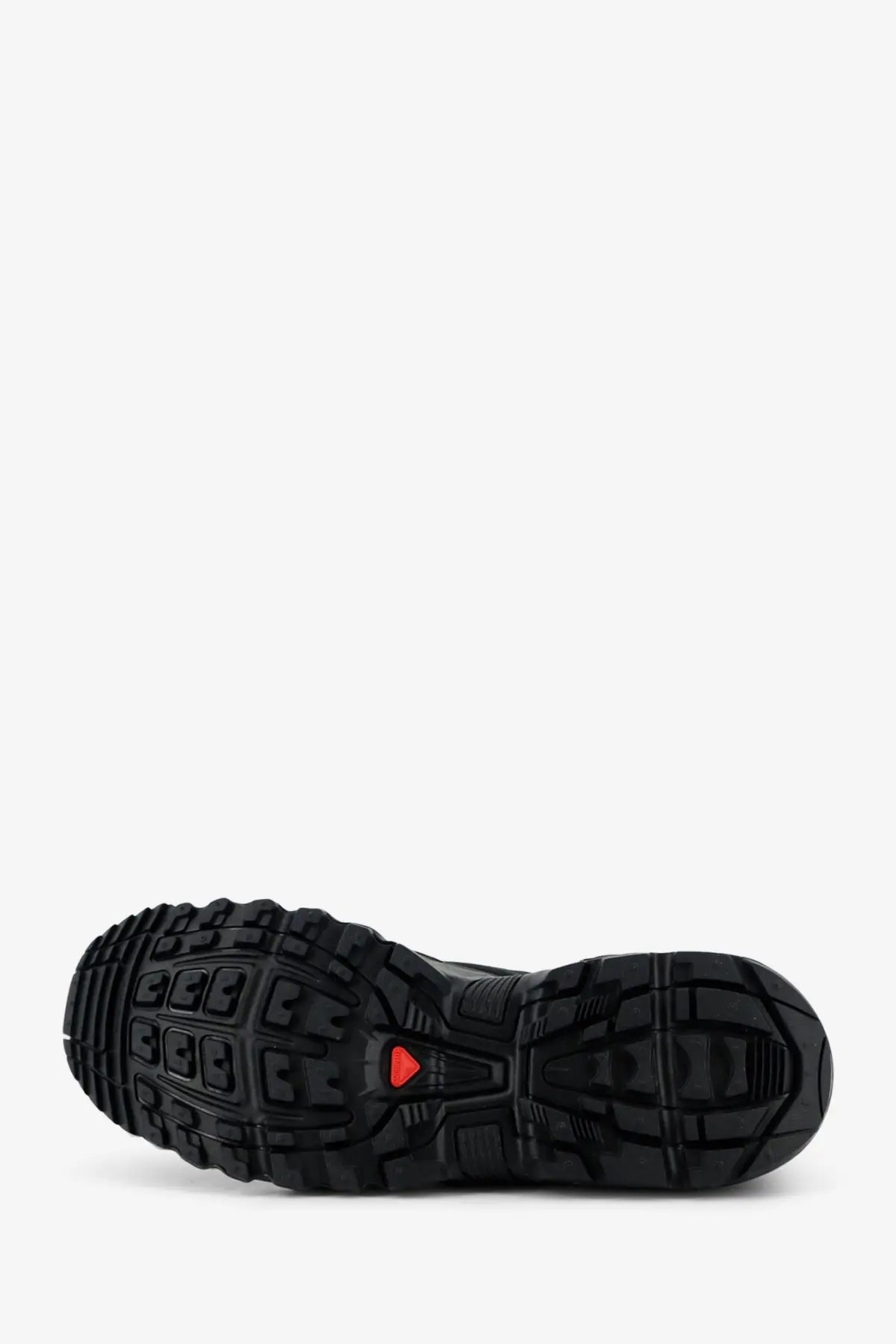 Black rubber sole with aggressive tread and small red logo on salomon men’s acs pro shell mesh sneakers heel