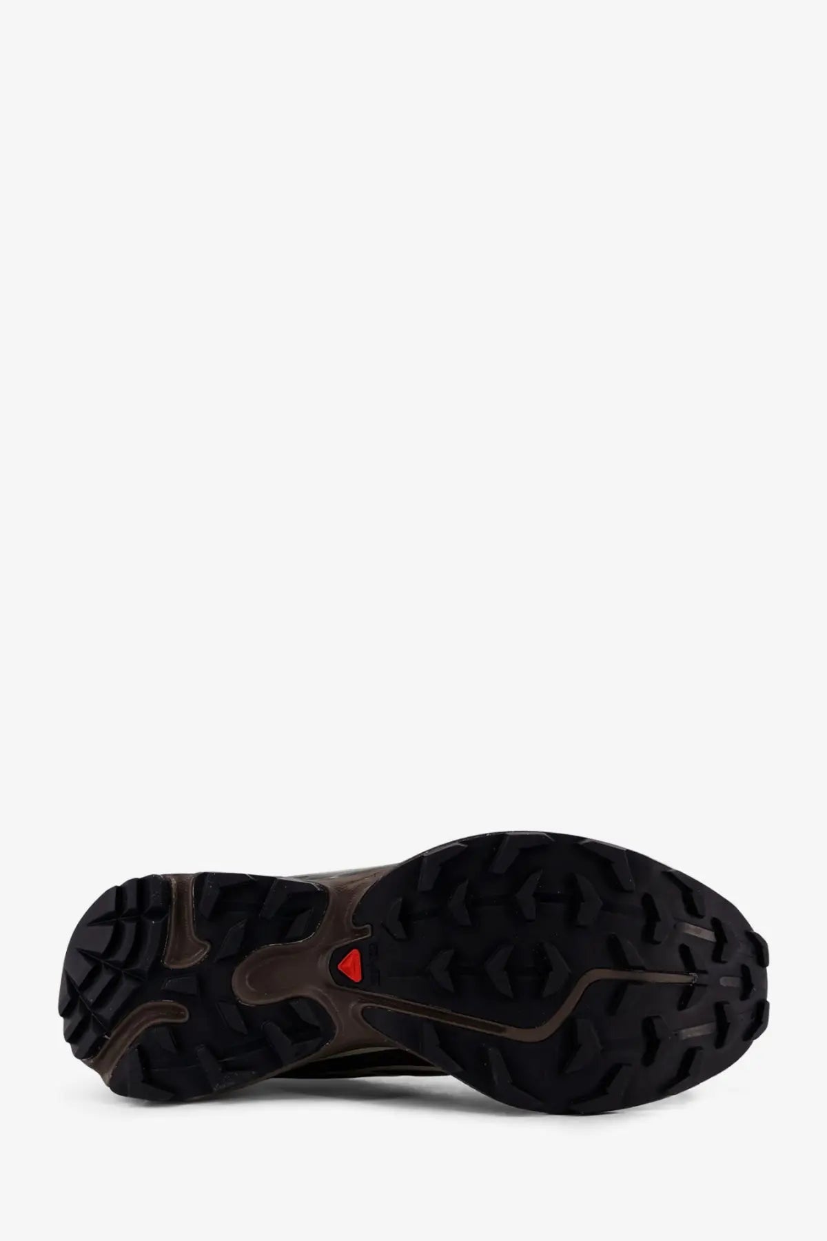Back side of salomon men’s brown mesh sneakers with black rubber outsole and rugged tread with red triangular logo