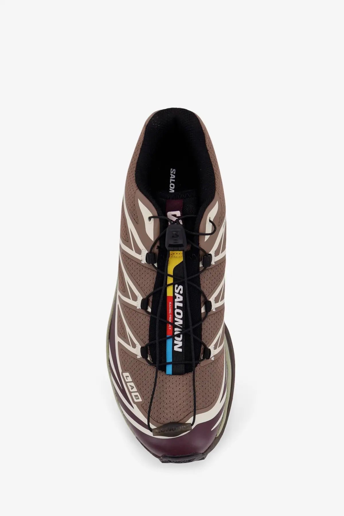 Salomon men’s mesh sneakers brown with brown and white mesh upper black laces colorful pull tab and dark purple outsole