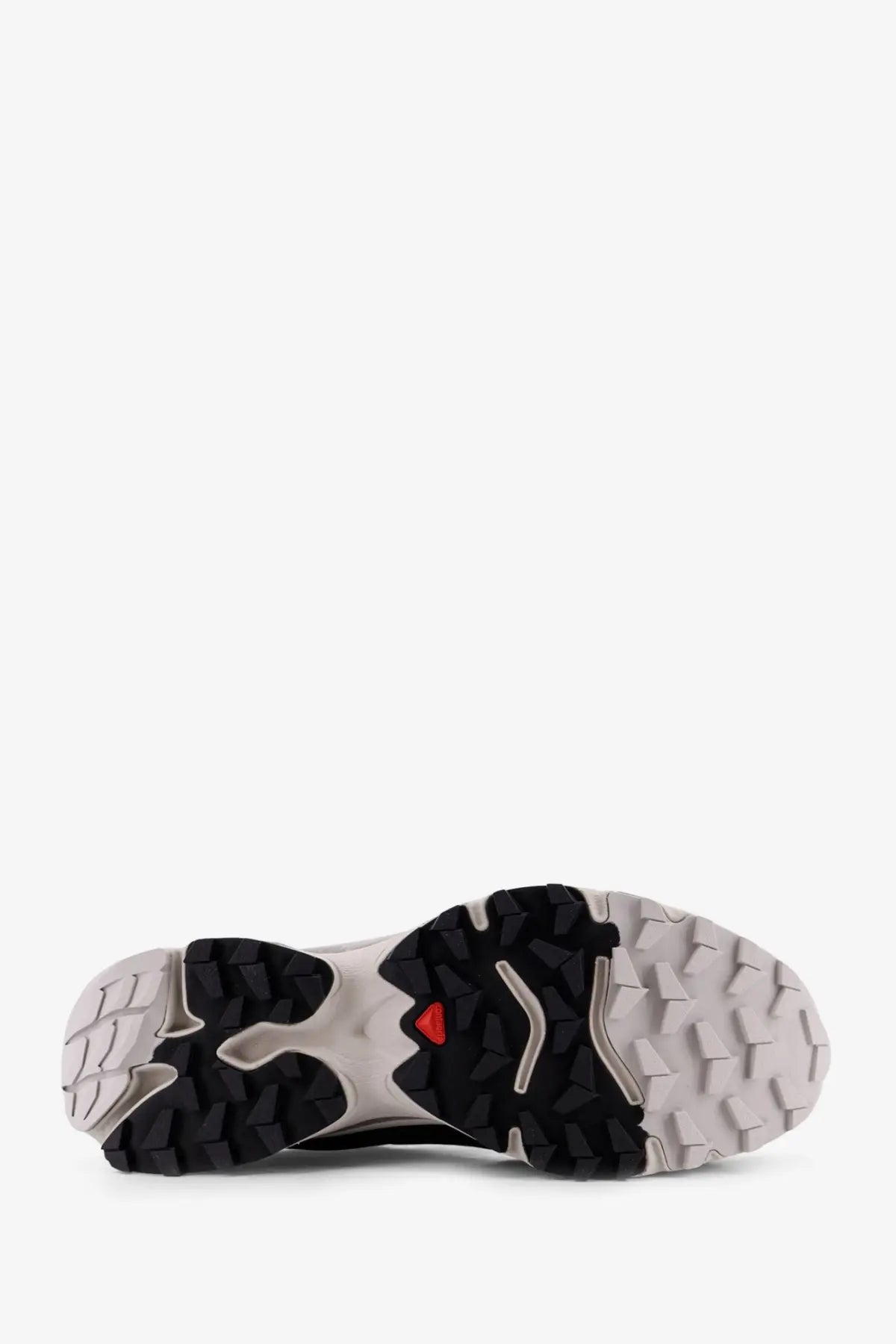 Back view of salomon men’s black nylon and goretex trail running shoe with rugged outsole and red salomon logo on heel
