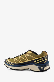 Salomon men’s nylon sneakers blue in olive green and gold with black heel collar and blue midsole accents for trail running