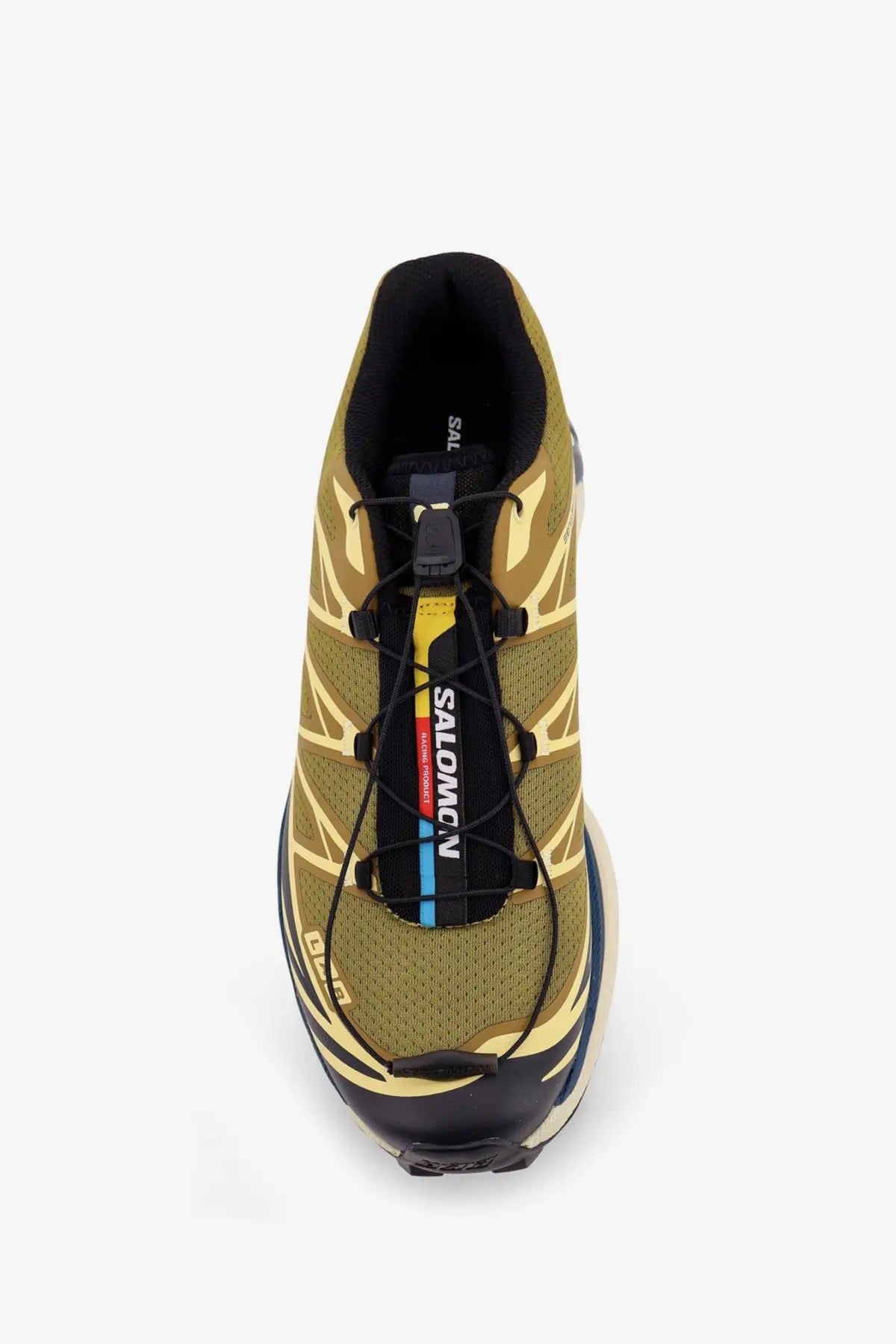 Salomon men’s nylon sneakers blue featuring olive green and yellow xa 3d trail running shoe with mesh upper and black laces