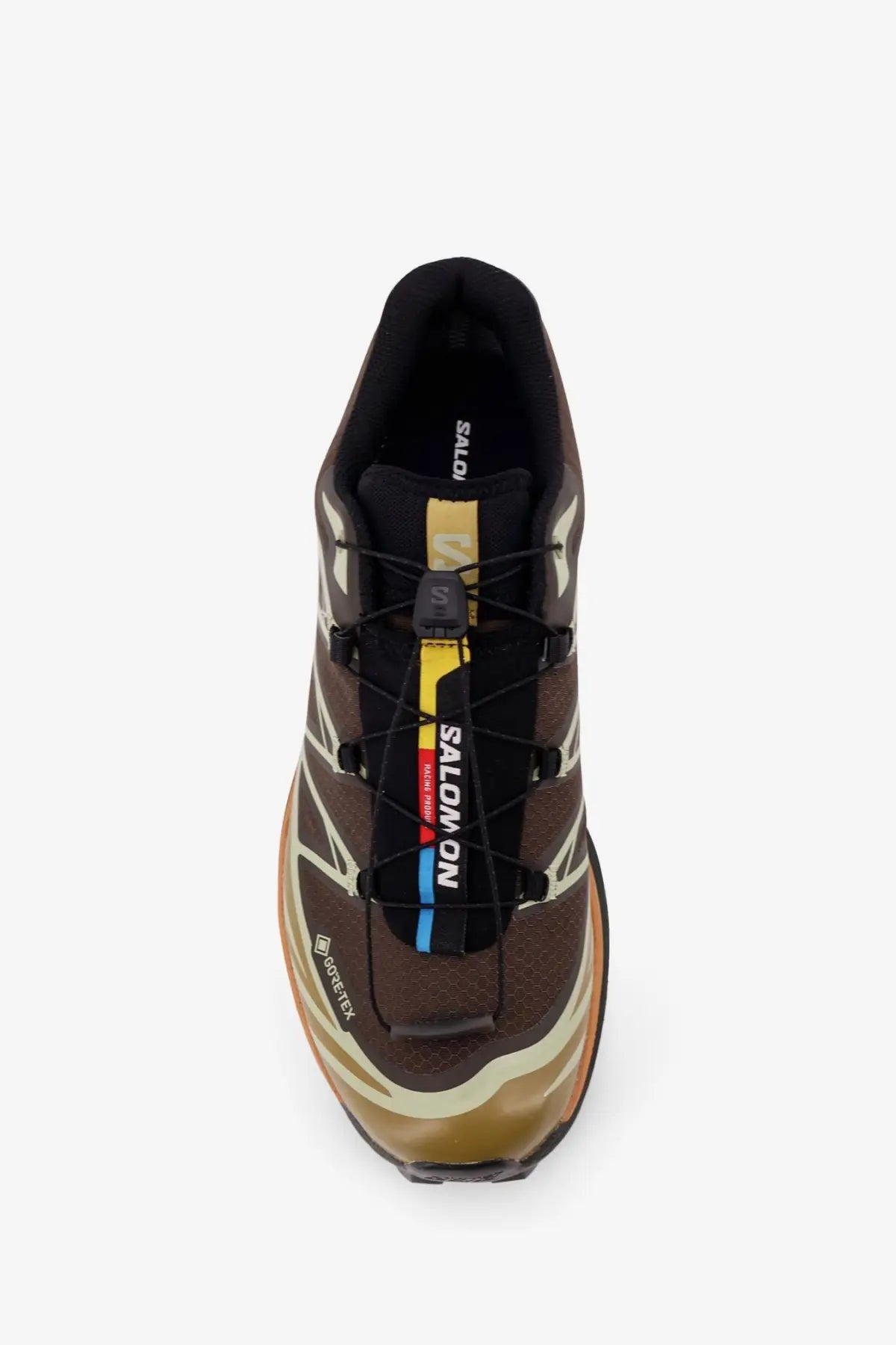 Salomon men’s brown nylon xa pro 5 running shoe with beige accents black laces yellow stripe and gore-tex branding