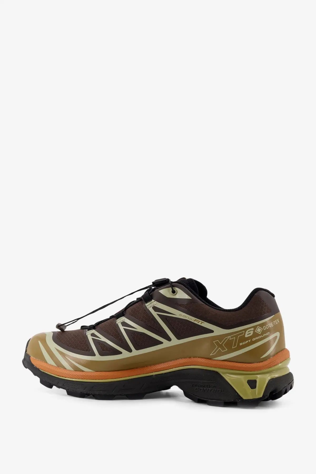 Salomon men’s nylon sneakers in brown featuring olive green xt6 gtx trail running shoes with black laces and rugged outsole