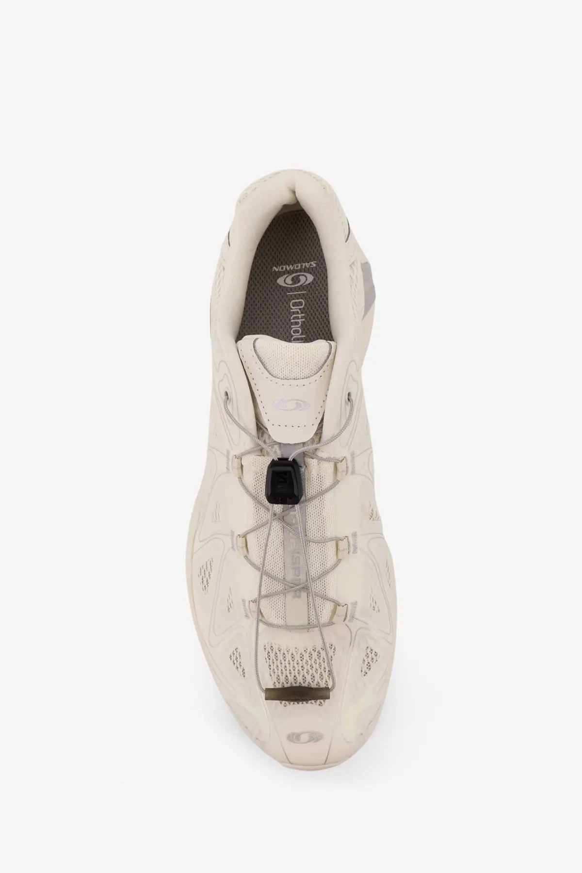 Cream-colored salomon x ultra 3 trail running shoe with mesh and synthetic overlays and rugged outsole in white