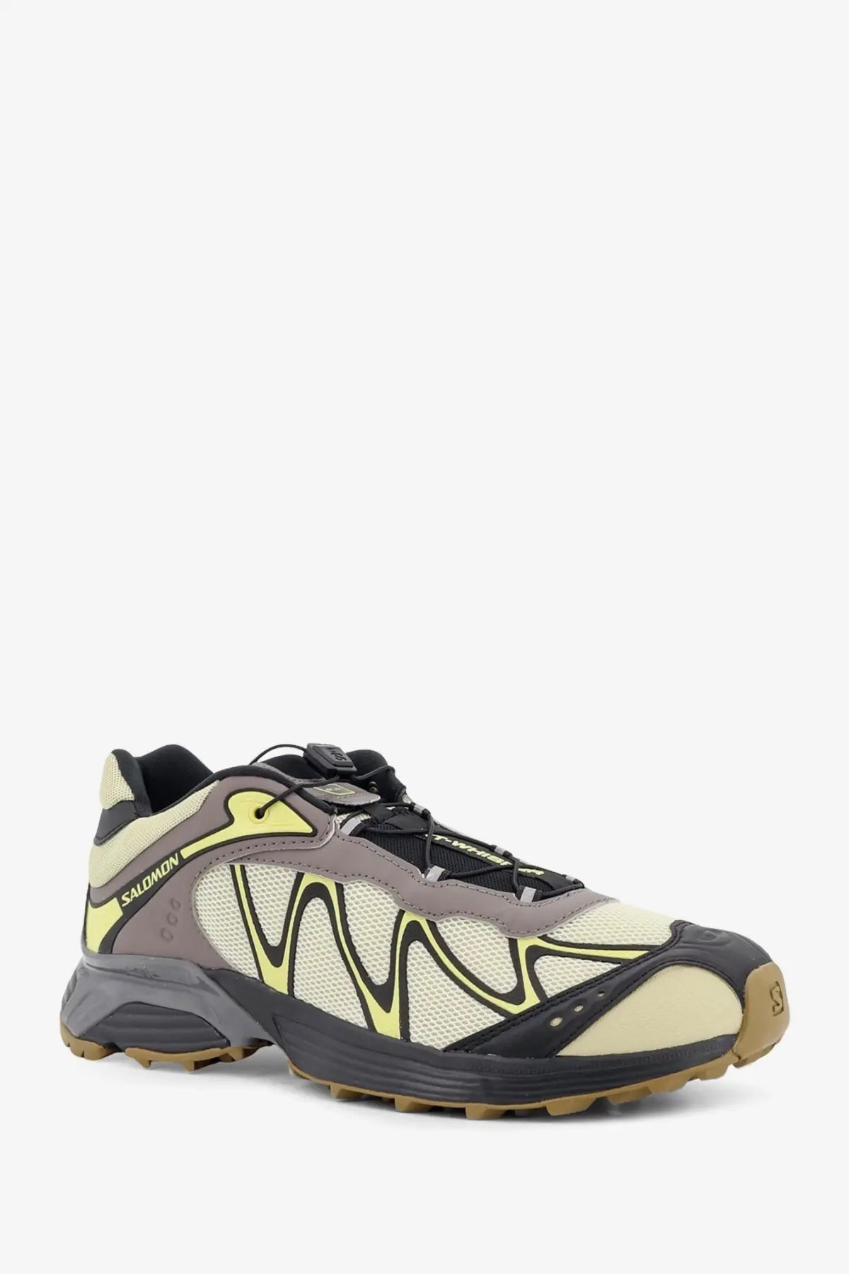 Salomon men’s XT Whispext mesh sneakers in beige black and neon yellow with mesh and synthetic overlays trail running shoe